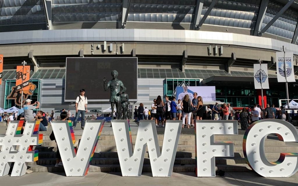 fans gathering outside bc place for a whitecaps game hastag vwfc