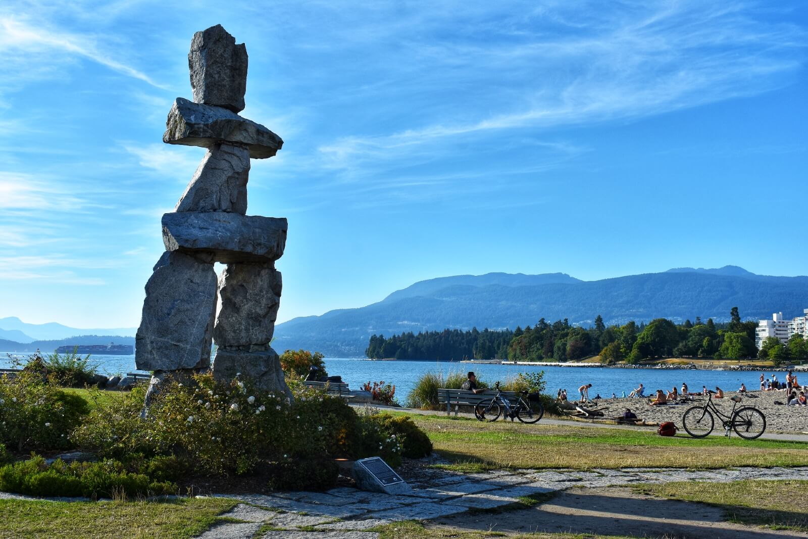 stone inukshuk monument at second beach west end vancouver bc canada