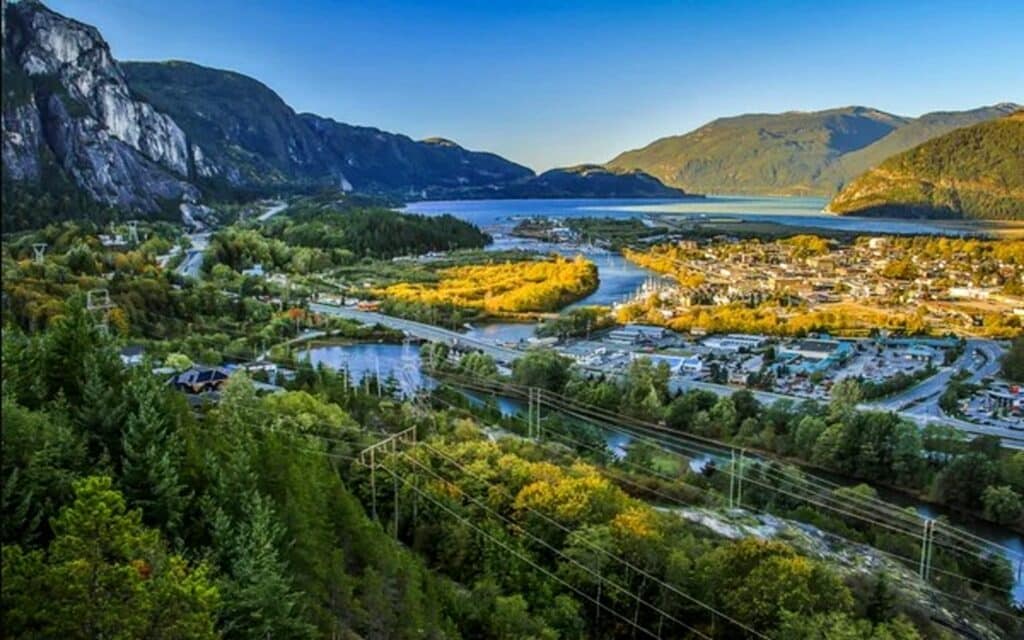 A panoramic view pf Squamish, which marks the halfway point between Vancouver and Whistler.