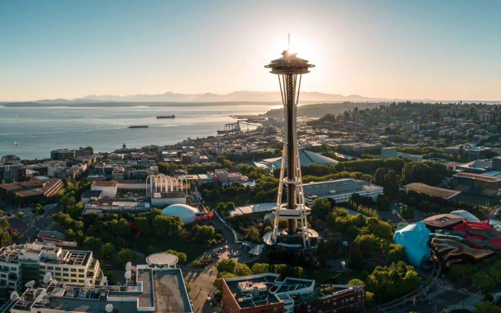 The Seattle Space Needle with Puget Sound in the background.