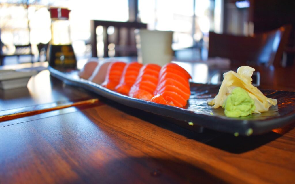 sockeye salmon sushi at a sushi restaurant in vancouver bc canada