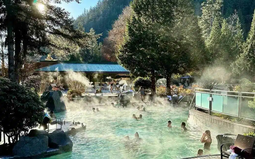 steam rising off the hot spring pool in harrison hotsprings