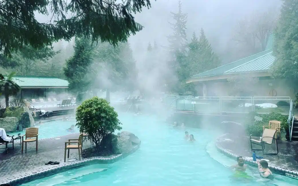 winter steam scene at the hot springs in harrison bc canada