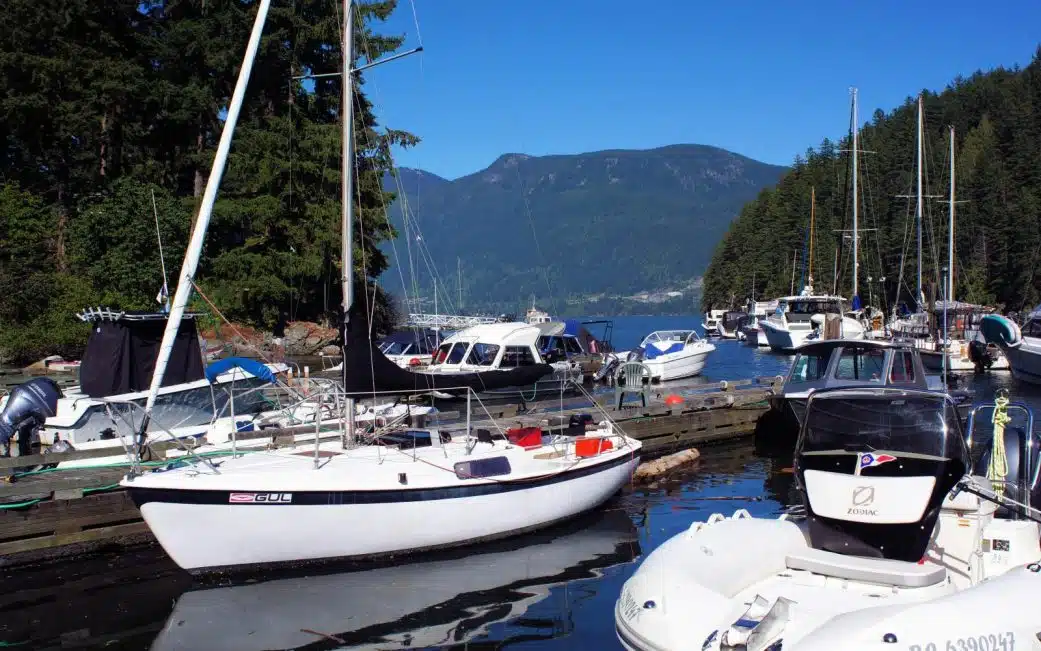 A snapshot of Snug Cove Harbour on Bowen Island, BC.