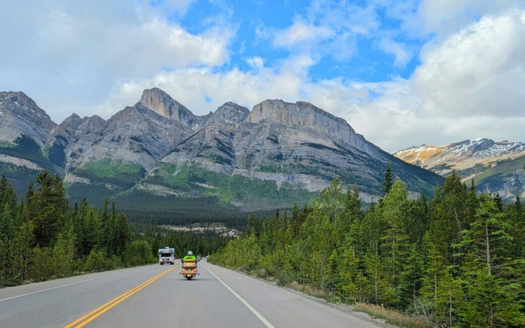 A car travels between Banff and Jasper.