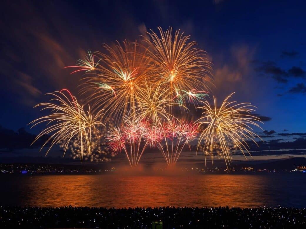 vibrant fireworks explode over english bay during the celebration of light festival, with crowds watching under clear skies—typical weather in vancouver in august