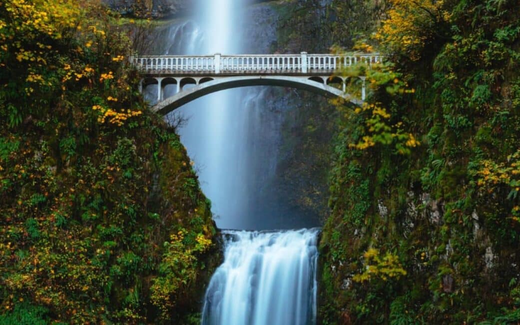 A shot of a waterfall in the Columbia River Gorge on a road trip from Vancouver to Portland.