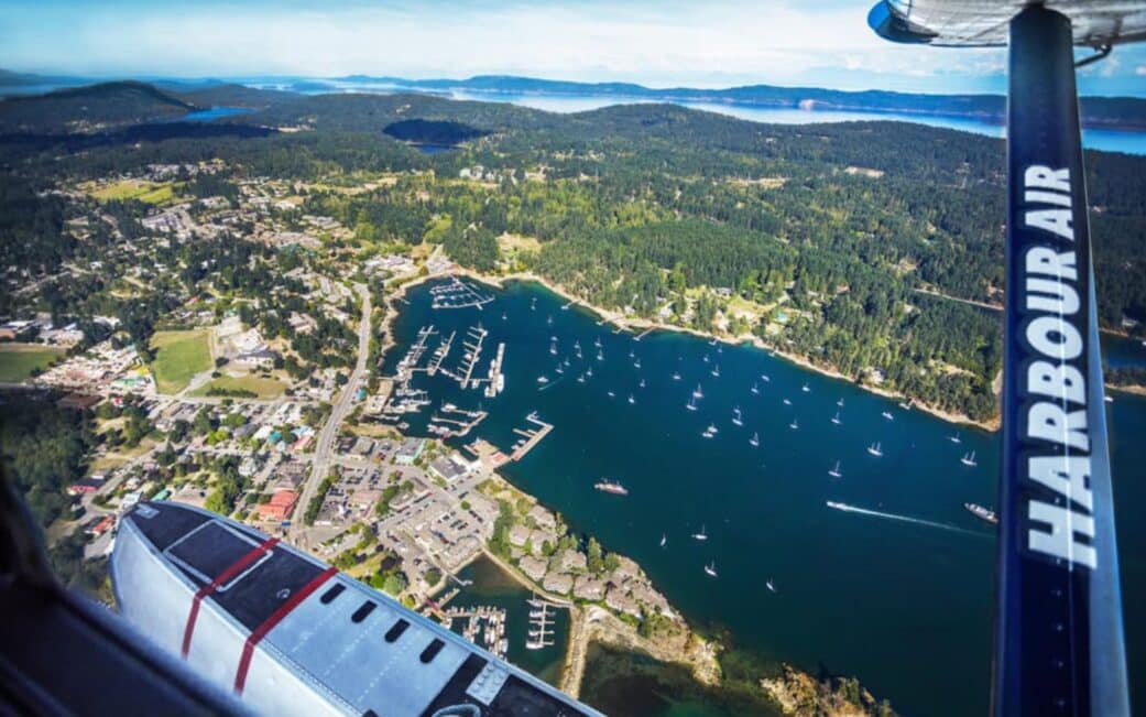 The Vancouver to Saltspring Island seaplane descends into Ganges Harbour.
