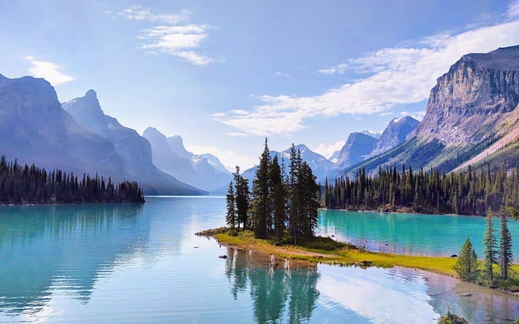 A view of Spirit Island in Maligne Lake on a road trip from Vancouver to Jasper.