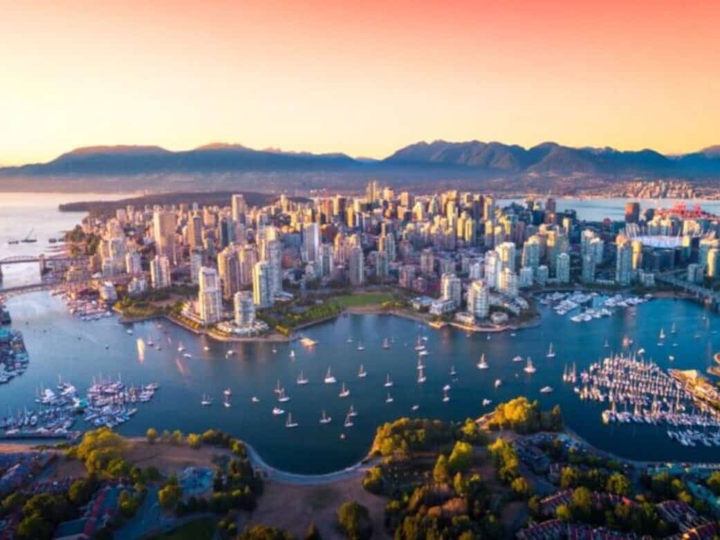 aerial view of vancouver on a september sunset