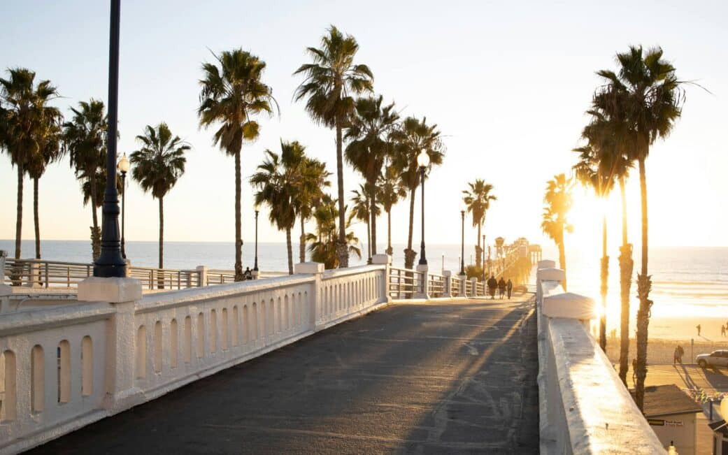 A boardwalk overlooking the beach on a California road trip from Vancouver.
