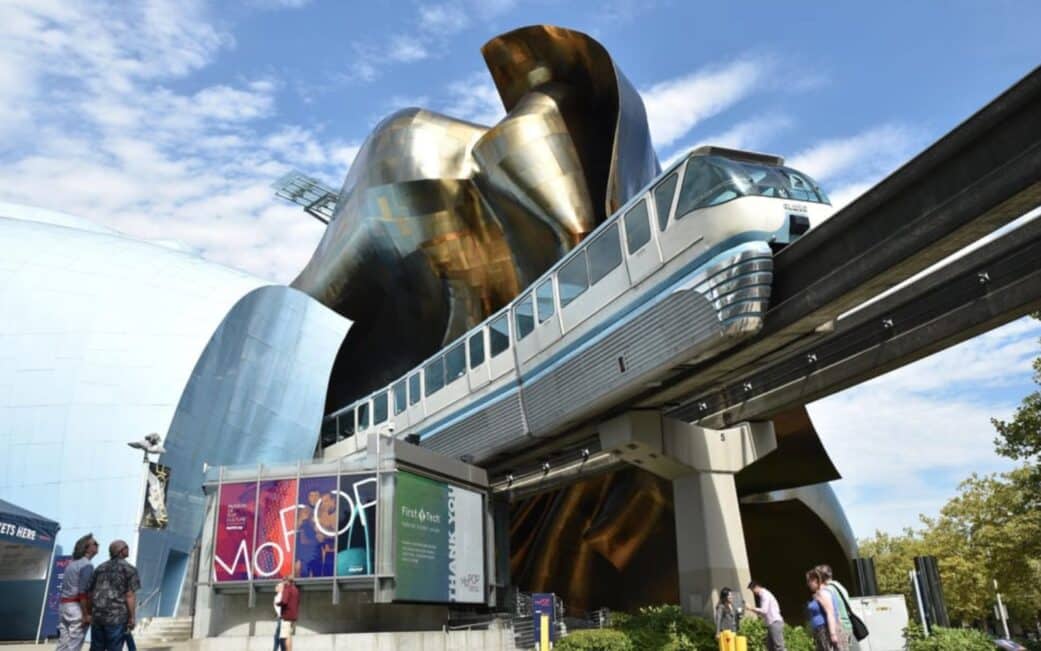 The Seattle Centre Monorail departs from the MoPOP.