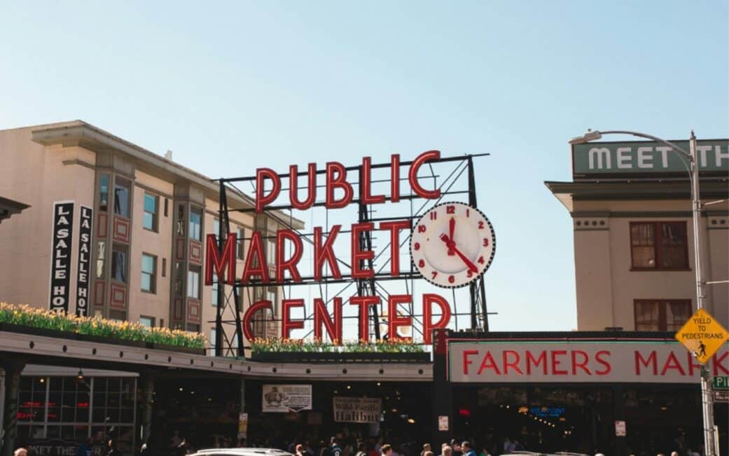 An exterior view of the famous Pike Place Market in Seattle.