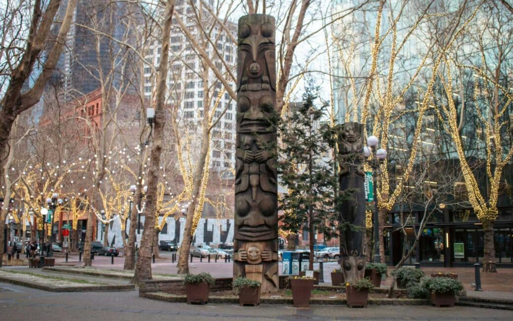 The Pioneer Square Totem Pole on a Seattle road trip from Vancouver.