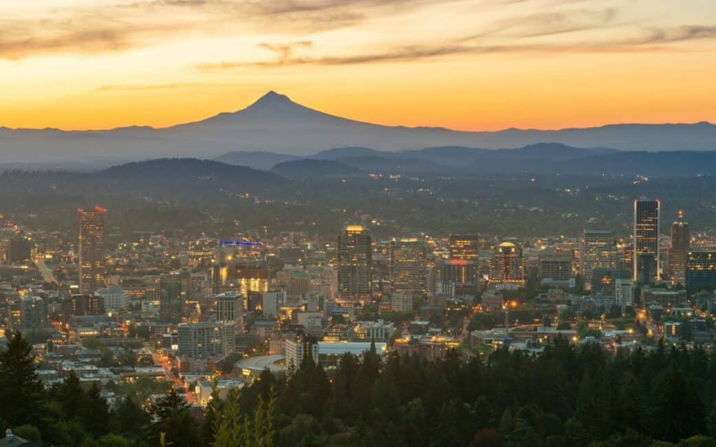 A shot of the Portland skyline with Mount Hood in the background.
