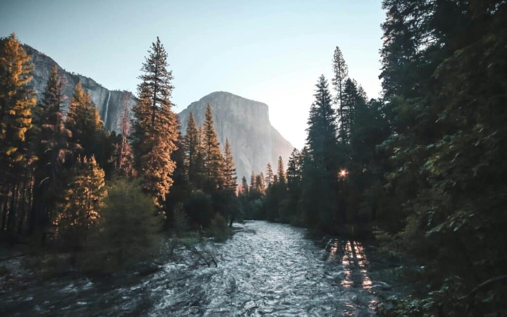 A view of Yosemite National Park at golden hour.
