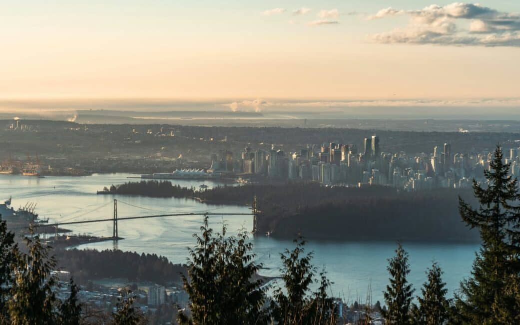 The Vancouver skyline on a road trip to Vancouver from Seattle.