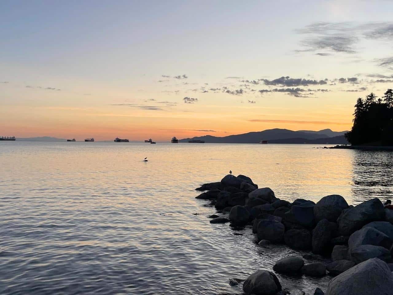 english bay during sunset with a view of the sea, small rock formation by the shore with birds standing on it